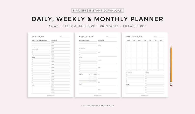 Daily Planner, Weekly Planner, Monthly Planner, Printable planner, Planner set, Planner Inserts, Instant Download, A4/A5/Letter/Half Size 