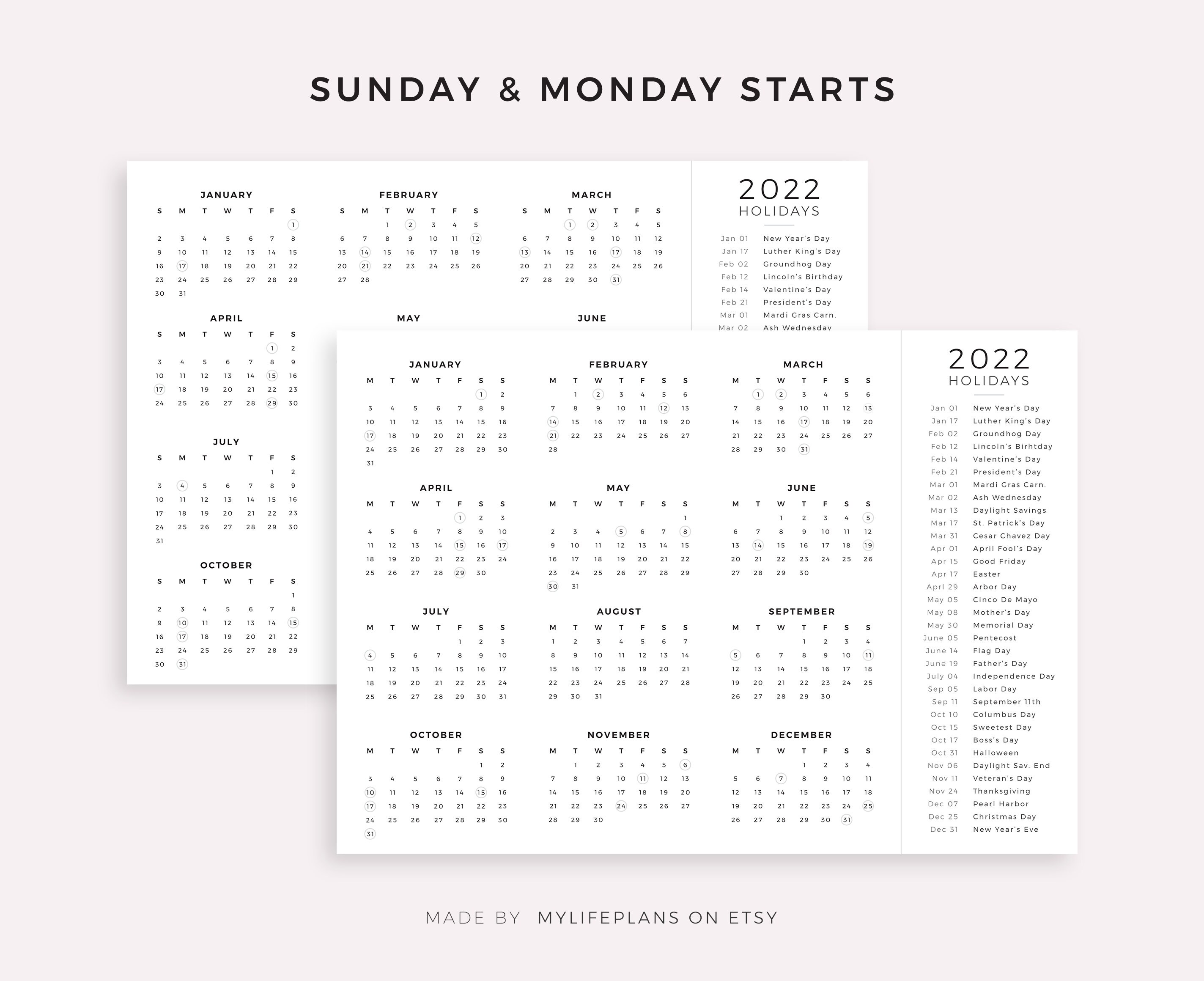 2022 year calendar with holidays on one page printable etsy