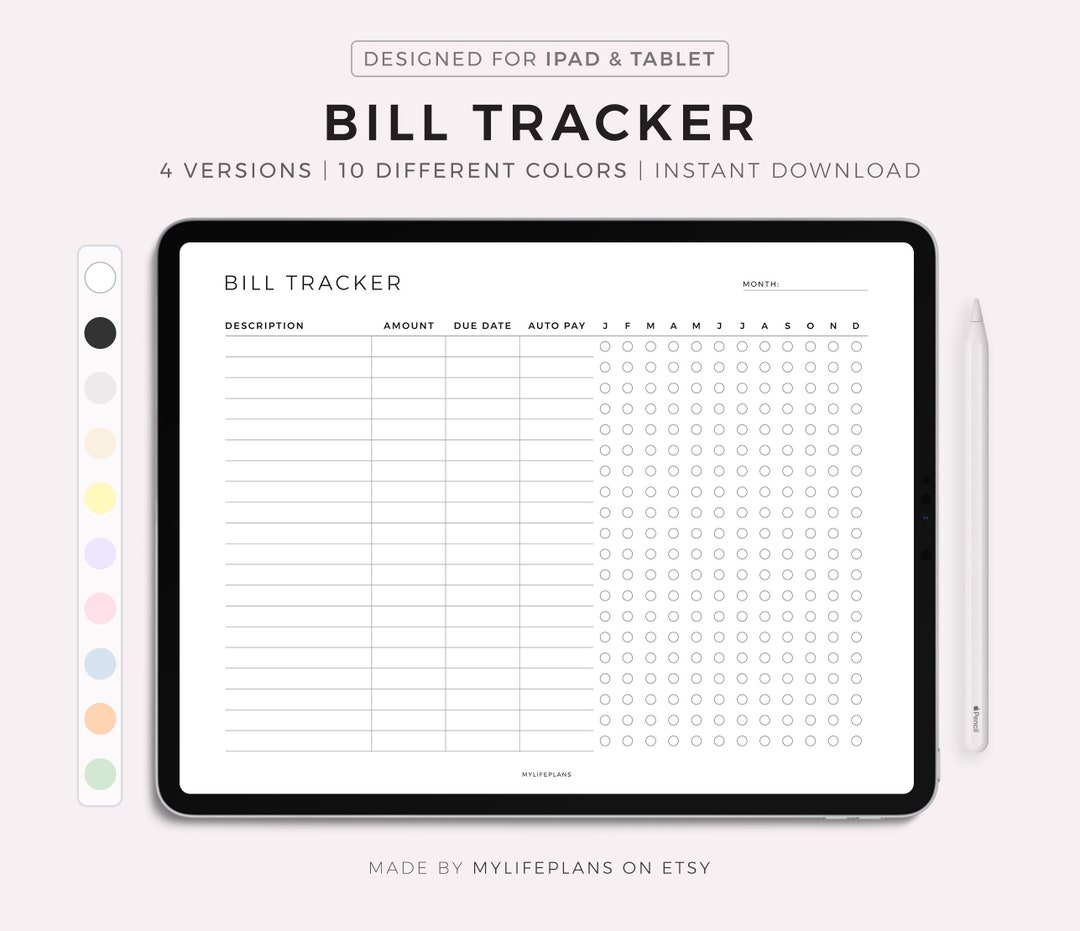 Digital Bill Tracker Template Landscape, Bill Organizer, Monthly Yearly ...