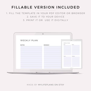 May include: A digital weekly planner template displayed on a laptop and tablet. The template includes sections for notes, Monday, Tuesday, Wednesday, Thursday, Friday, Saturday, and Sunday.