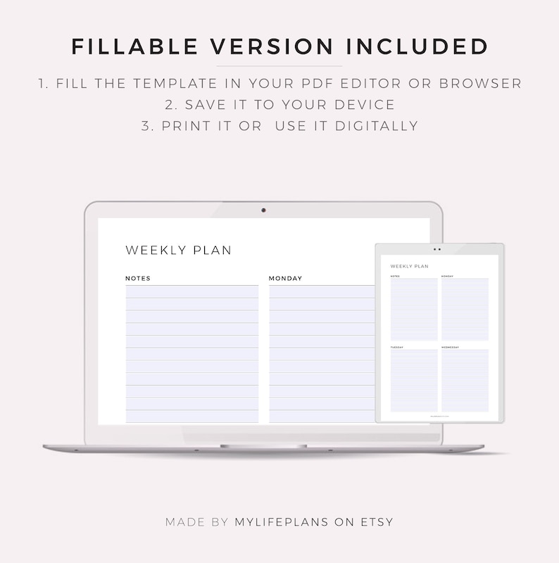 May include: A digital weekly planner template displayed on a laptop and tablet. The template includes sections for notes, Monday, Tuesday, Wednesday, Thursday, Friday, Saturday, and Sunday.