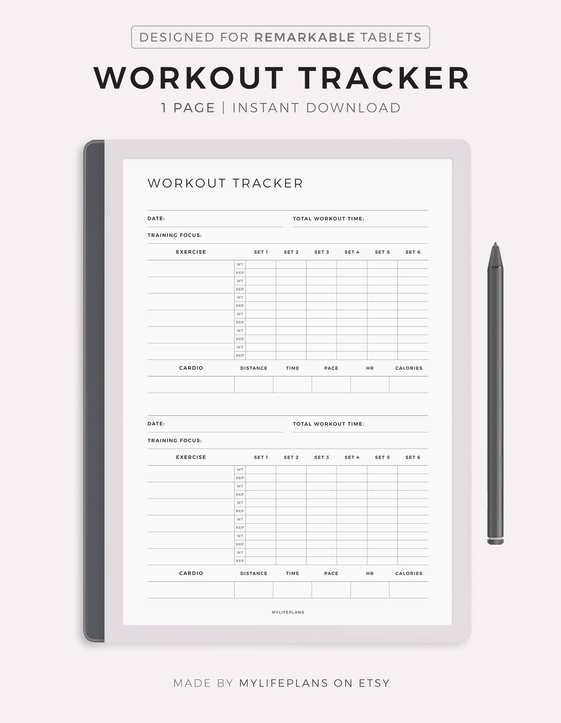 Work Out Paper Workout Tracker for Remarkable Paper Pure, Daily Exercise Log, Fitness ...