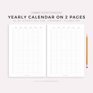 Calendario annuale su due pagine stampabile, panoramica annuale, calendario senza data, panoramica annuale, verticale, A4/A5/lettera/metà, download immediato in PDF