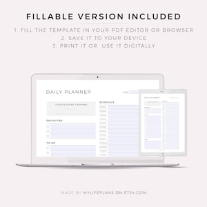 May include: A digital daily planner template displayed on a laptop and tablet. The planner includes sections for priorities, to-do list, schedule, and a space for today's score and reward. The text "DAILY PLANNER" is at the top of the page.