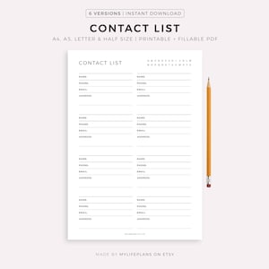 Printable Contacts List, Contact Organizer, Address Book, Contact Information, Planner Inserts, A4/A5/Letter/Half Size, Instant Download PDF