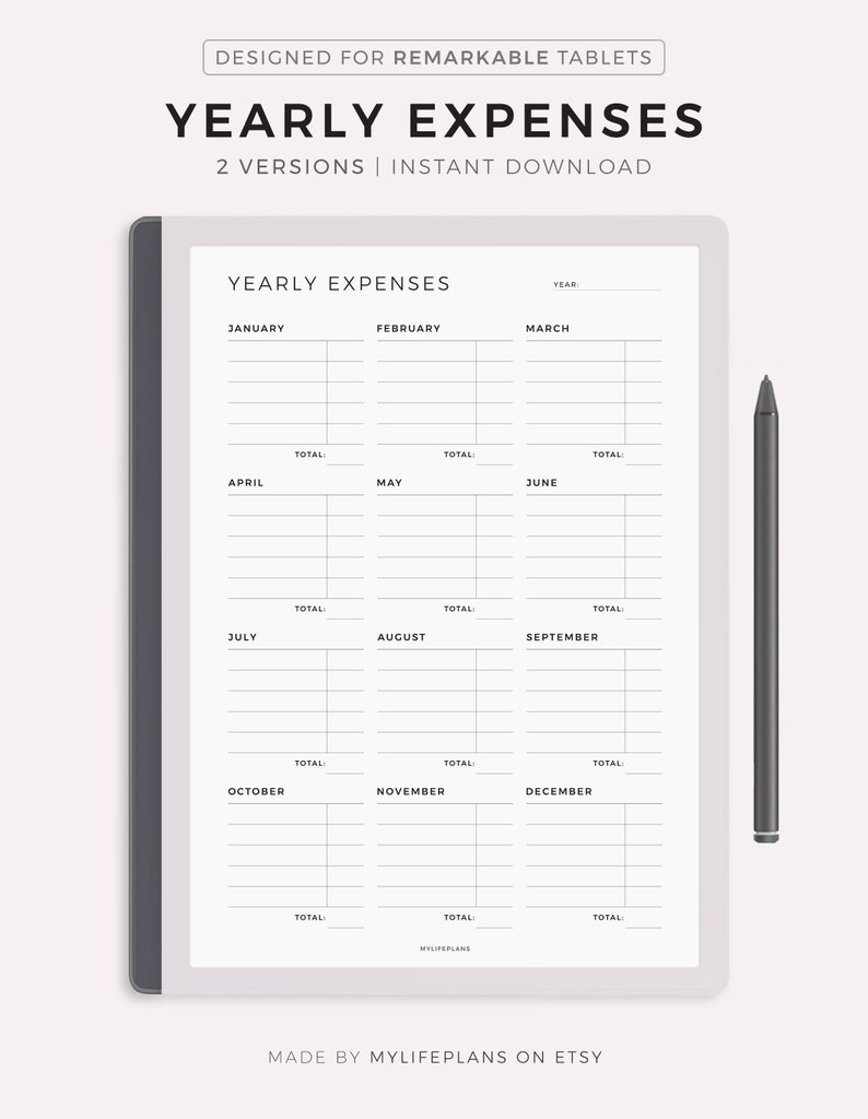 Yearly Expenses Overview Template for Remarkable 2, Instant Download - Etsy