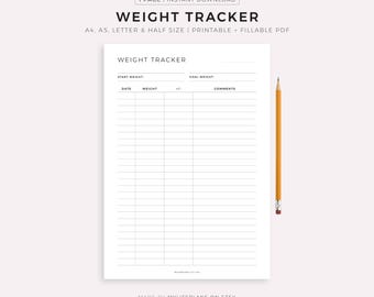 Eenvoudige gewichtstracker afdrukbaar, sjabloon gewichtslogboek, gewichtsverliesplanner, gewichtsregistratieblad, A4/A5/Letter/Half, pdf-bestand direct downloaden