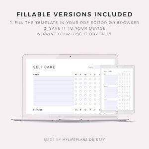 May include: A printable self-care tracker with sections for basic and physical self-care. The tracker is designed to be filled out on a laptop or tablet. The text on the tracker reads "Self Care" and "Date".