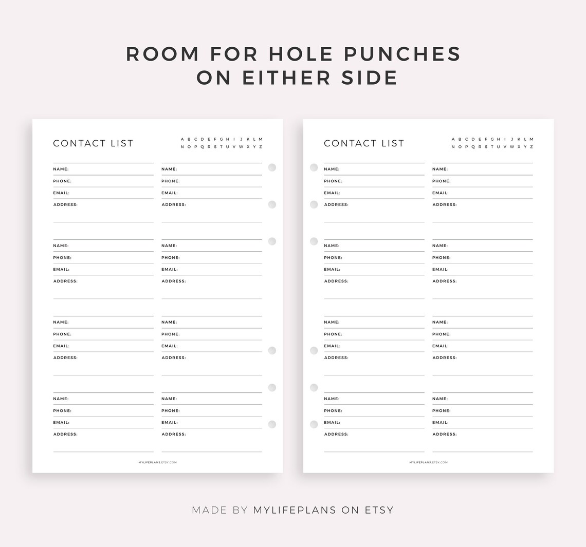 Contacts List Printable, Address Book, Contact Information, Contact ...
