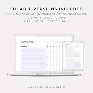 May include: A digital printable skincare routine planner with a weekly calendar and a section for morning and evening routines. The planner is displayed on a laptop and tablet screen.