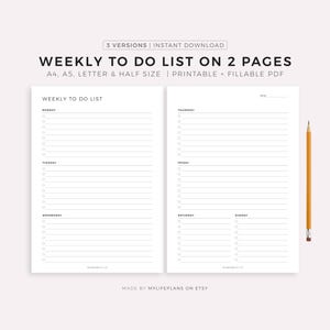 Wekelijkse takenlijst op 2 pagina's afdrukbare en invulbare pdf, minimale weekplanner, A4/A5/Letter/Half, Instant Download