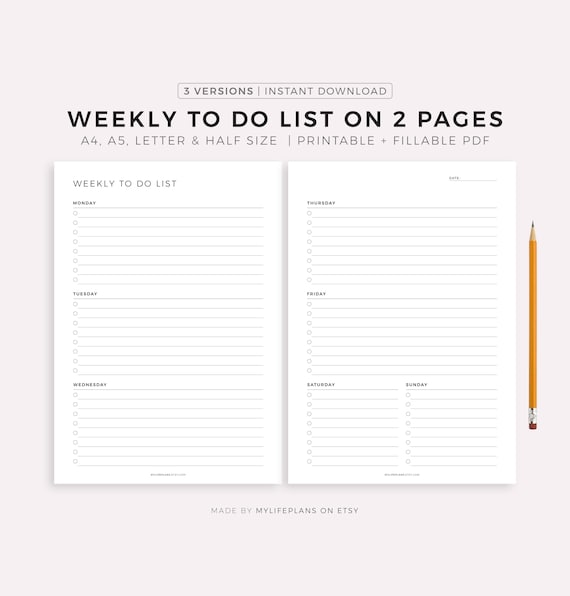 Weekly To Do List on 2 Pages Printable & Fillable PDF, Minimal Weekly Planner, A4/A5/Letter/Half, Instant Download