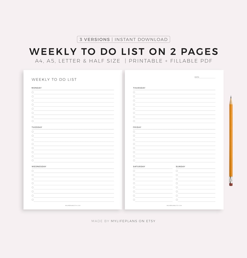 Weekly To Do List on 2 Pages Printable & Fillable PDF, Minimal Weekly Planner, A4/A5/Letter/Half, Instant Download image 1