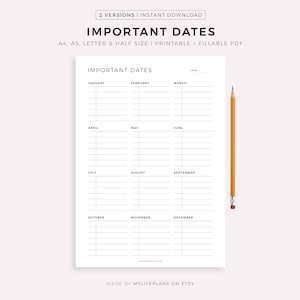 Yearly Important Dates Printable - Birthdays, Anniversaries, Travels, Parties, Doctor Appointments, Car Maintenance, ect, A4/A5/Letter/Half
