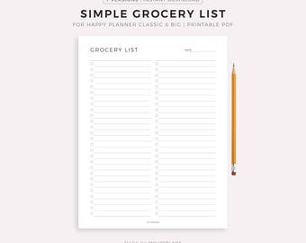 Puede incluir: Una lista de compras imprimible con el título "SIMPLE GROCERY LIST". La lista tiene dos columnas de casillas de verificación y un espacio para la fecha. Un lápiz amarillo con una goma roja descansa a la derecha.