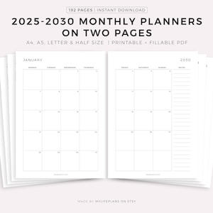 Planificador mensual imprimible 2025-2030, mes con fecha en 2 páginas, calendario 2024, resumen del mes, tamaño A4/A5/carta/media página, descarga instantánea