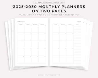 2025-2030 Monthly Planner Printable, Dated Month on 2 Pages, 2024 Calendar, Month At a Glance, A4/A5/Letter/Half, Instant Download