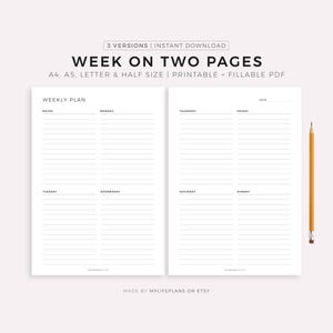 Week on Two Pages, Printable Weekly Planner, Minimal Weekly Schedule, Week At a Glance, Planner Inserts, Instant Download, A4/A5/Letter/Half image 1