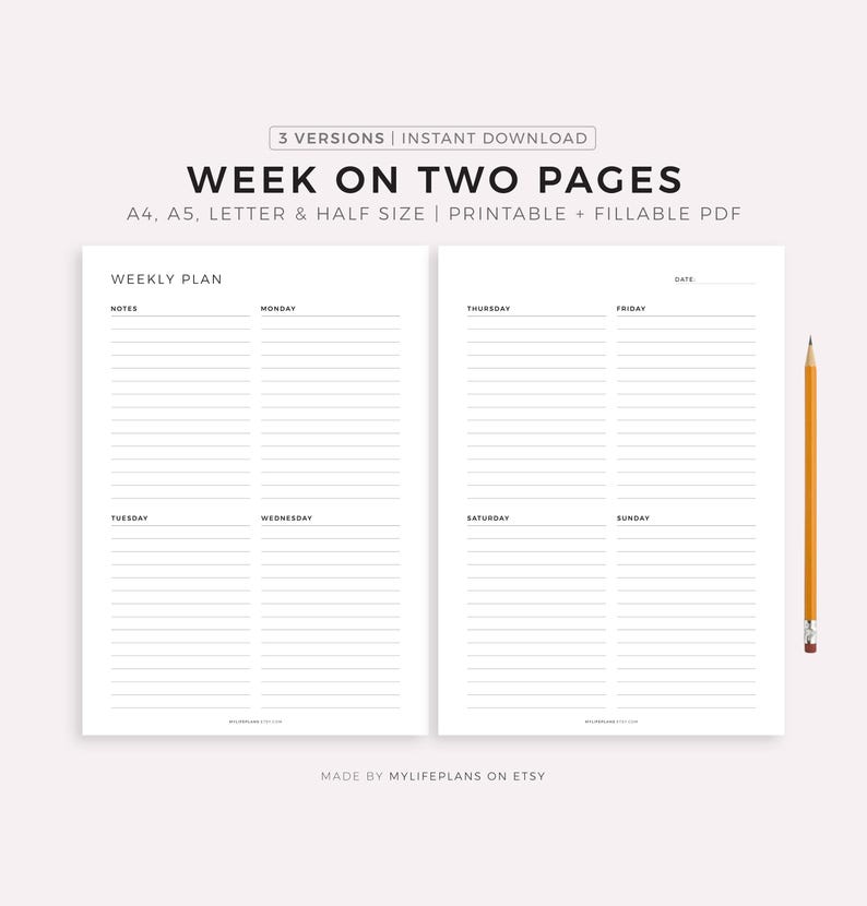 Week on Two Pages, Printable Weekly Planner, Minimal Weekly Schedule, Week At a Glance, Planner Inserts, Instant Download, A4/A5/Letter/Half image 1