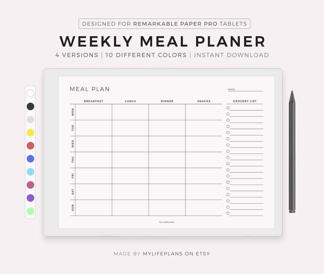 Weekly Meal Planner for Remarkable Paper Pro, Landscape, 7 Day Menu ...