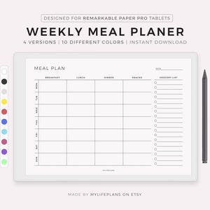 Planificador de comidas semanal para Remarkable Paper Pro, horizontal, planificador de menú de 7 días, planificador de preparación de comidas, planificador de alimentos, descarga instantánea