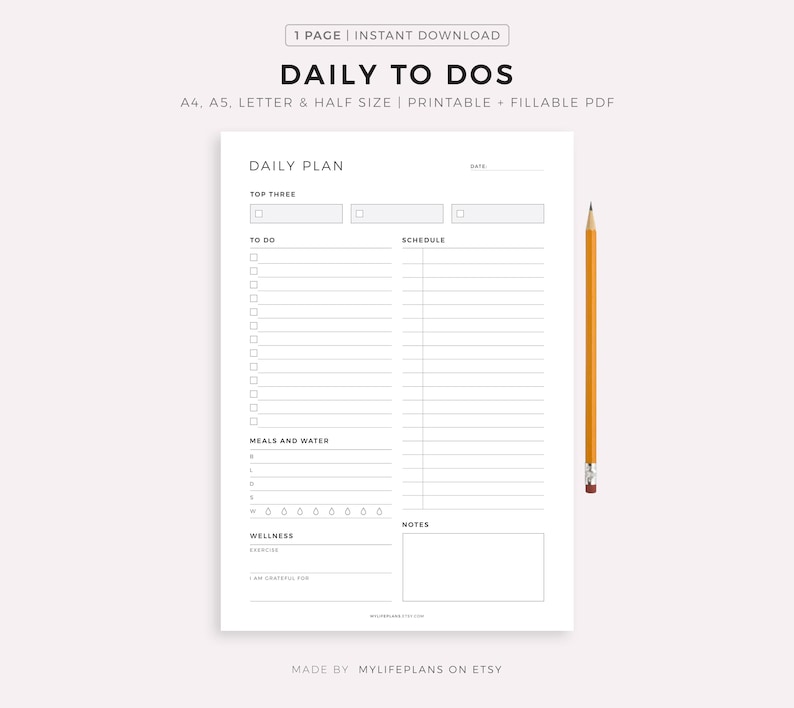 Daily To Do List Printable, Personal/Work Daily Planner PDF, Everyday Planner, Daily Schedule, A5/A4/Letter/Half Size image 1