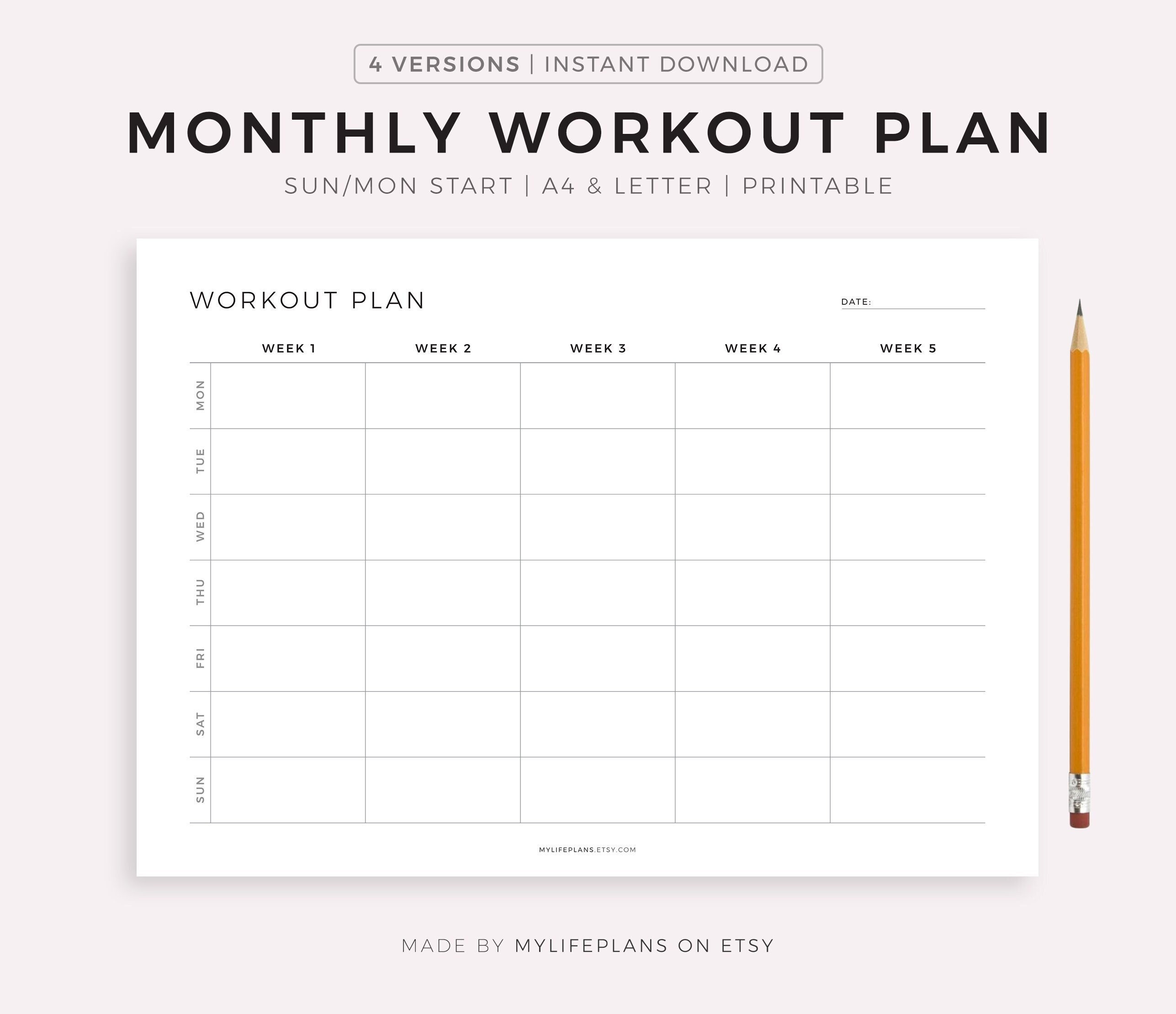 Monthly Workout Planner Printable Landscape, 30 Days Fitness
