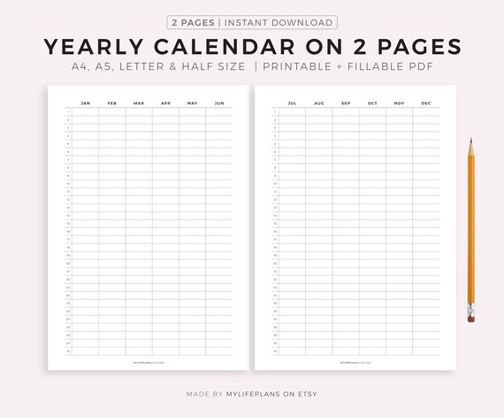 Year Calendar on Two Pages Printable, Year at a Glance, Undated Calendar, Yearly Overview, Vertical, A4/a5/letter/half, Instant Download PDF - Etsy