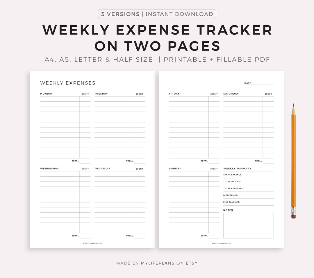 Weekly Expenses Tracker on Two Pages, Spending Tracker, Finance Planner, A4/a5/letter/half Size