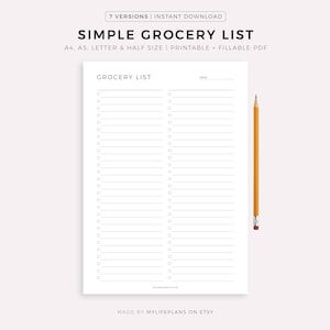 Simple Grocery List Template Printable, Food Shopping List, Grocery Planner, Health & Fitness, A4/A5/Letter/Half Size, Instant Download PDF image 1