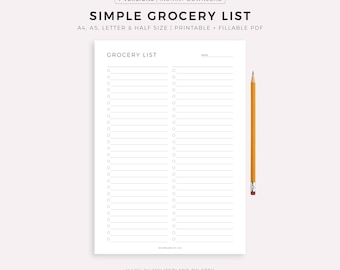 Simple Grocery List Template Printable, Food Shopping List, Grocery Planner, Health & Fitness, A4/A5/Letter/Half Size, Instant Download PDF