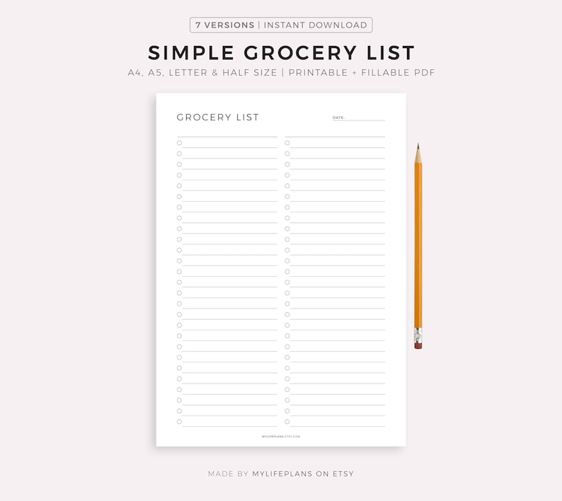 Simple Grocery List Template Printable, Food Shopping List, Grocery Planner, Health & Fitness, A4/A5/Letter/Half Size, Instant Download PDF image 1
