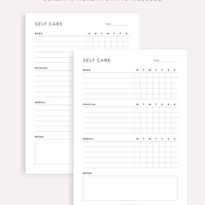 May include: Printable self-care planner with sections for basic, physical, mental, and notes. The planner includes a weekly grid for tracking activities.