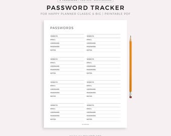Password Tracker, Printable Template for Happy Planner Classic and Big, Instant Download PDF