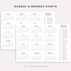 2024 Year Calendar with Holidays on One Page, Printable, Landscape, Wall Calendar, Desk Calendar, Sunday & Monday Start, A4/Letter image 2