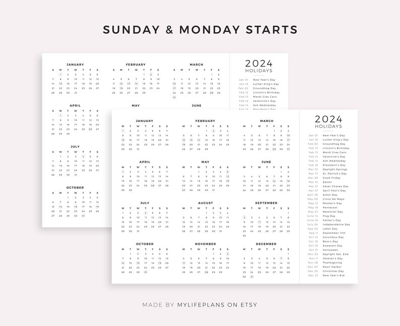 2024 Year Calendar with Holidays on One Page, Printable, Landscape, Wall Calendar, Desk Calendar, Sunday & Monday Start, A4/Letter imagem 2