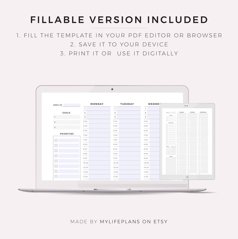 Weekly Planner, Daily Planner, Hourly Planner, To Do List, PDF Printable Inserts, A4, A5 & Letter, Instant Download image 4