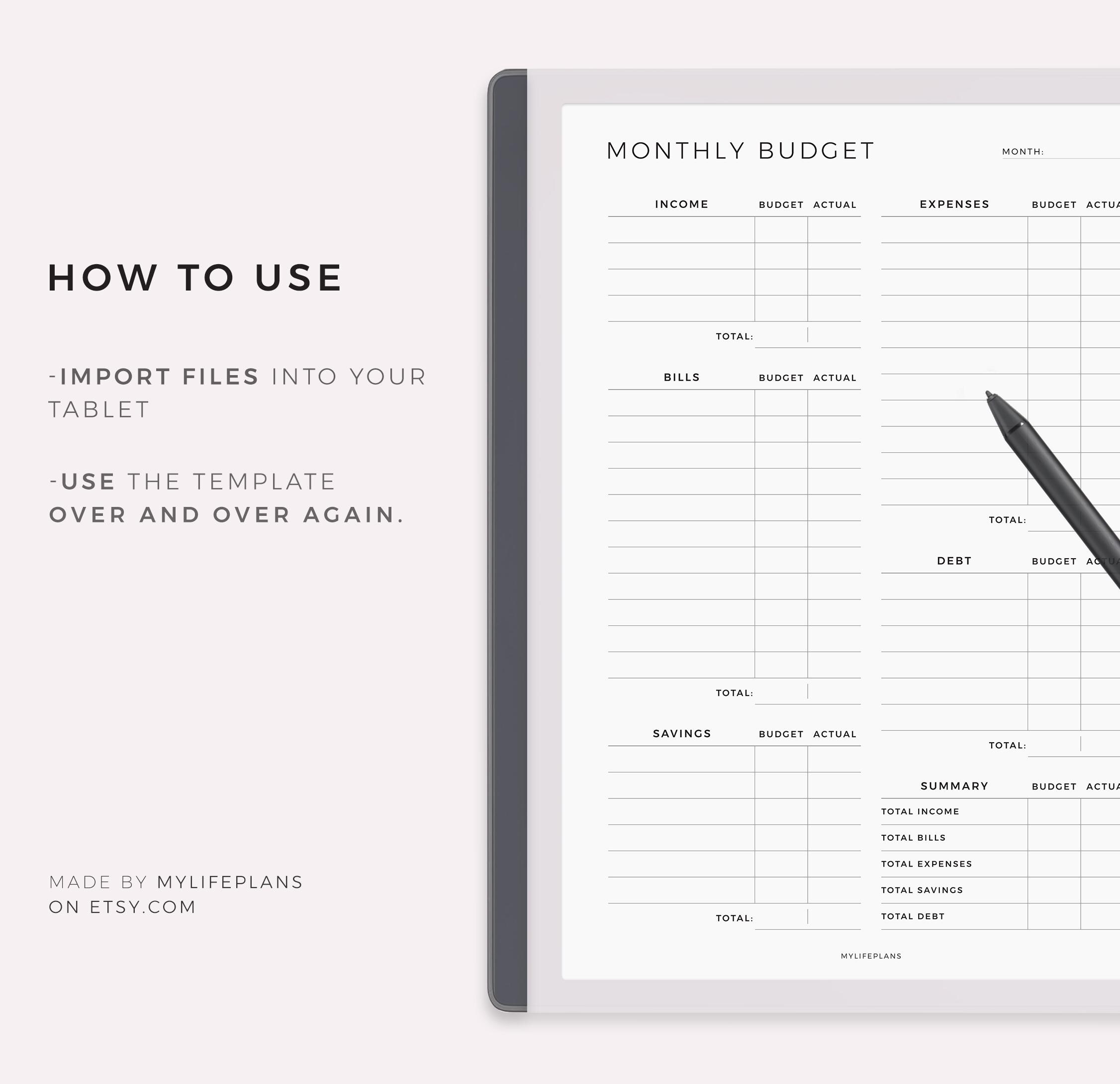 Monthly Budget Planner for Remarkable 2, Budget Tracker Template ...