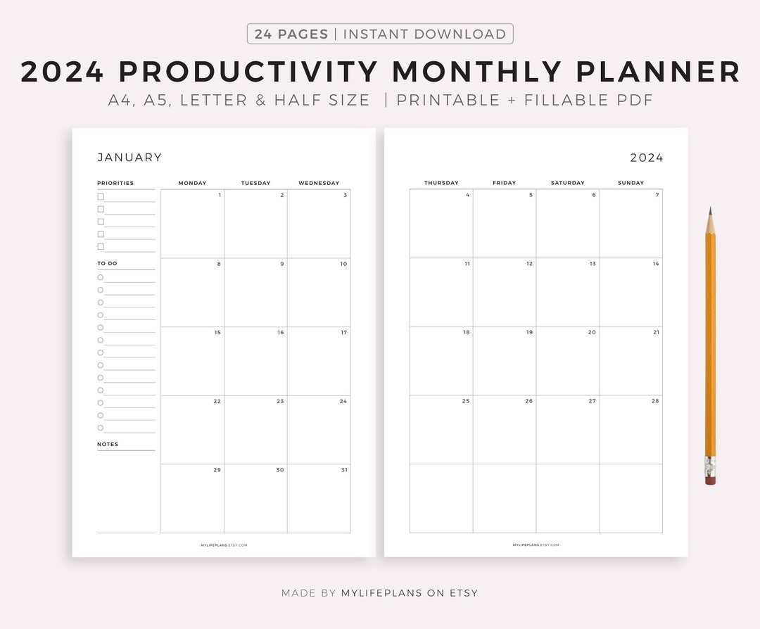 2024 Monthly Planner Printable, Productivity Planner, Monthly Agenda ...
