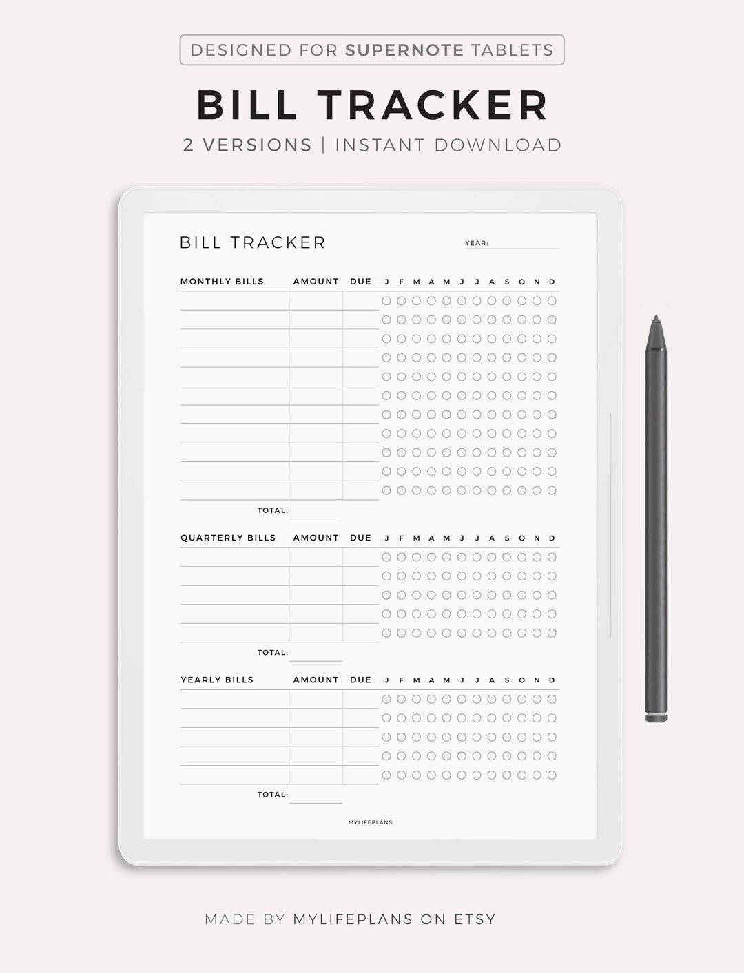 Monthly, Quartly, Yearly Bill Tracker on One Page, Bill Payment ...