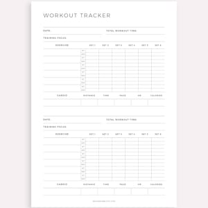 May include: A printable workout tracker with sections for date, training focus, exercise, cardio, distance, time, pace, heart rate, and calories. The tracker has two pages, each with a grid for recording sets and reps.
