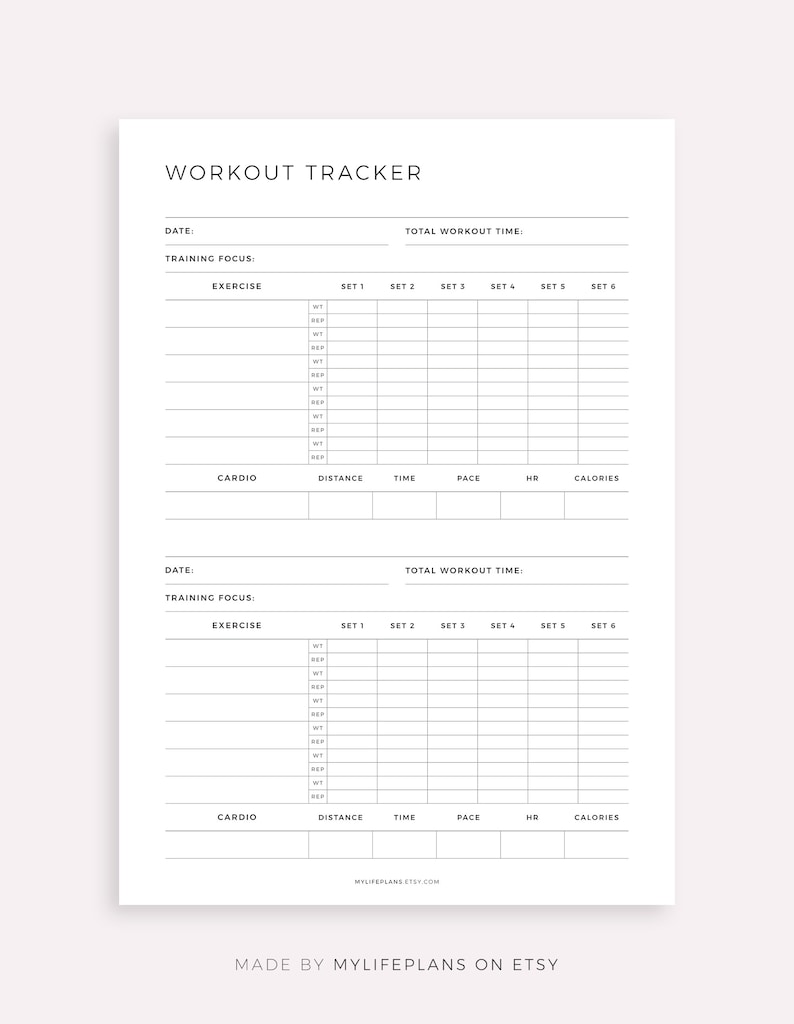 May include: A printable workout tracker with sections for date, training focus, exercise, cardio, distance, time, pace, heart rate, and calories. The tracker has two pages, each with a grid for recording sets and reps.