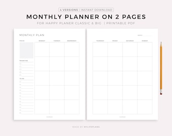 Druckbarer Monatsplaner auf zwei Seiten für Happy Planner Classic & Big, Sofort Download