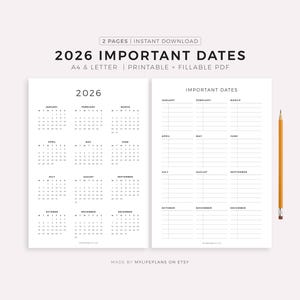 May include: A two-page printable planner with the text "2026 IMPORTANT DATES". The left page displays a 2026 calendar, and the right page has sections for important dates. A yellow pencil is on the right.