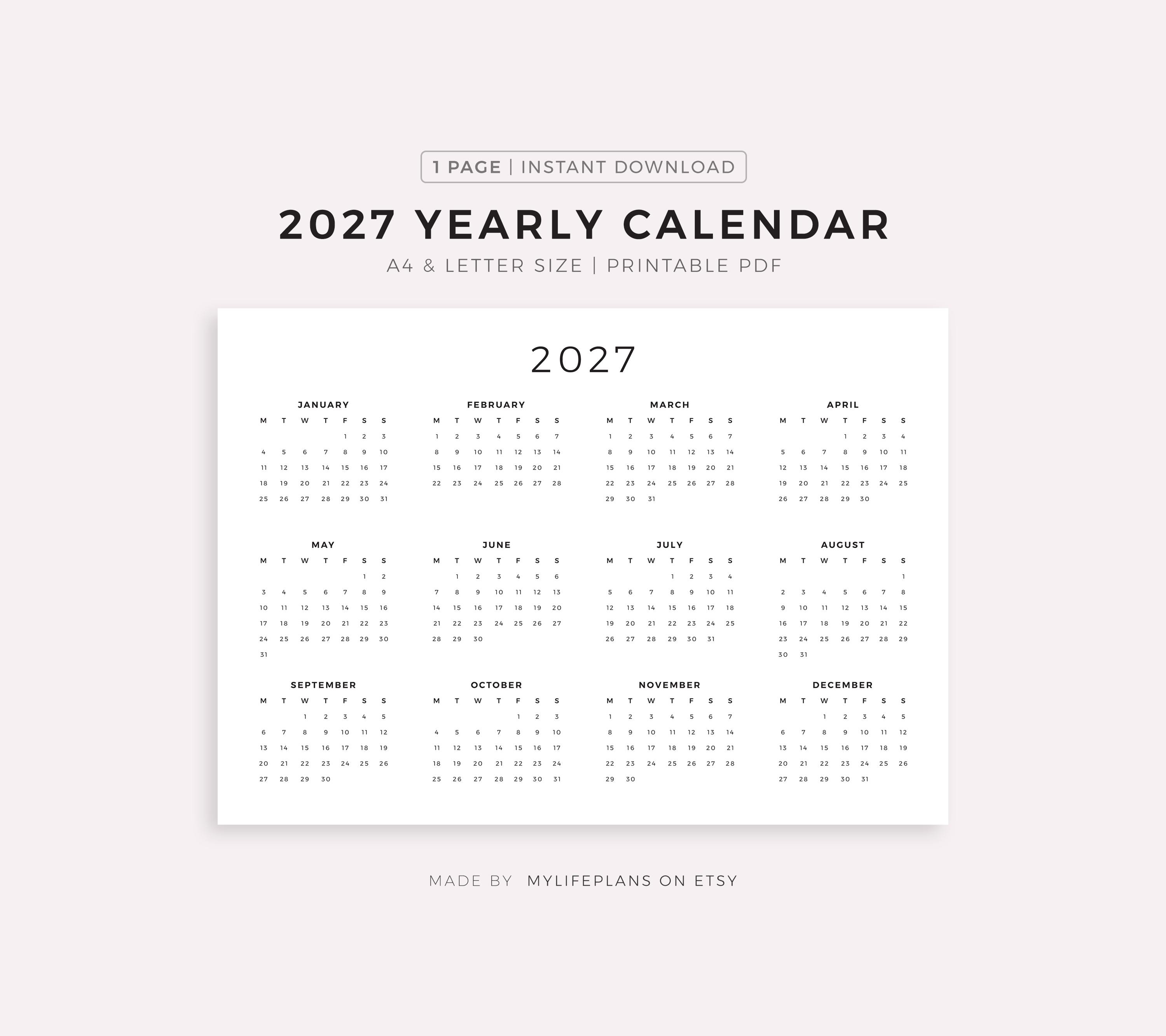 2027 Year Calendar Printable Landscape, Minimalist Calendar