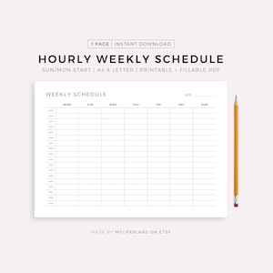 Hourly Weekly Schedule Landscape, Printable Weekly Planner, Week At a Glance, Weekly Agenda, Desk Planner, Weekly To Do List,