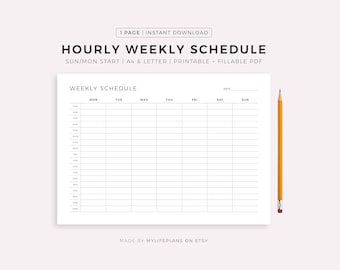 Hourly Weekly Schedule Landscape, Printable Weekly Planner, Week At a Glance, Weekly Agenda, Desk Planner, Weekly To Do List,