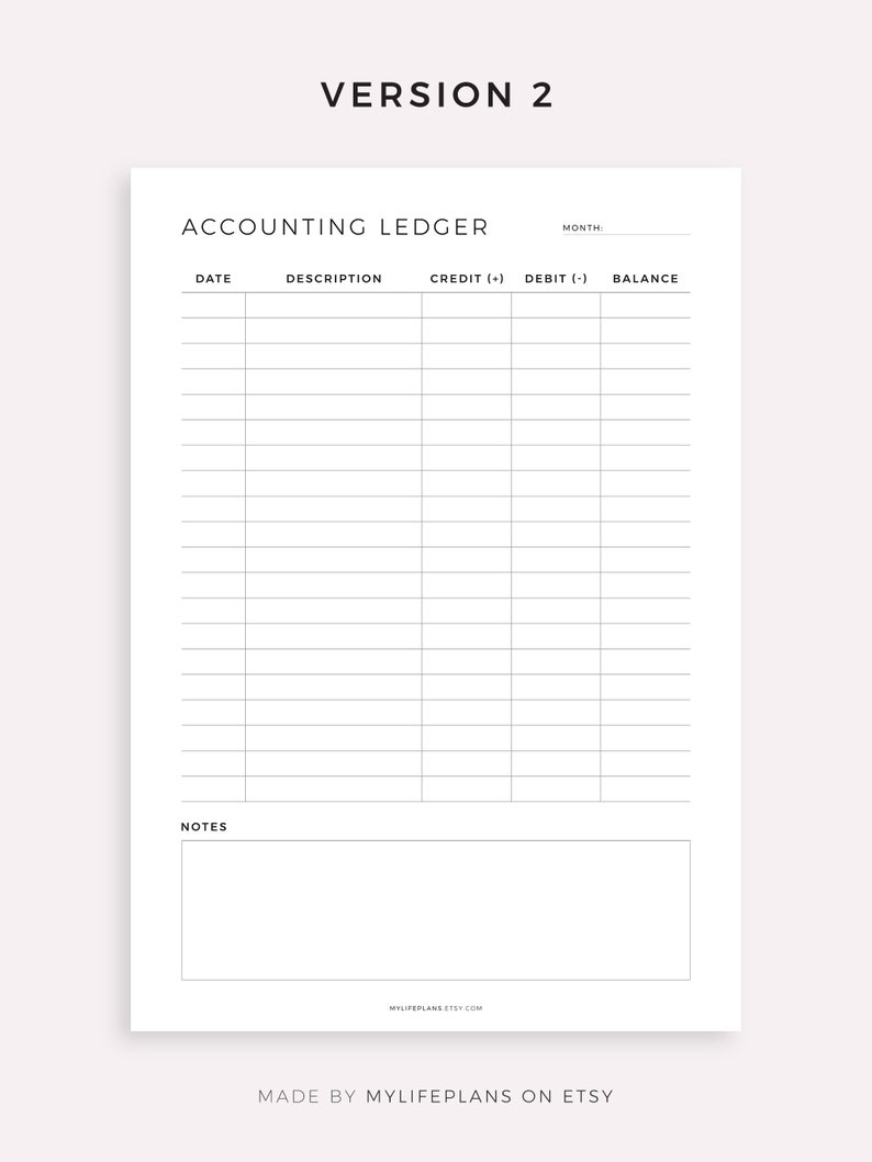Puede incluir: Un libro mayor de contabilidad imprimible con columnas para fecha, descripci&oacute;n, cr&eacute;dito, d&eacute;bito y saldo. Hay una secci&oacute;n en la parte inferior para notas.