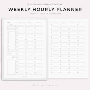May include: A digital weekly hourly planner for Supernote tablets. The planner has a minimalist design across two pages, with sections for goals, priorities, habits, and notes. The text "WEEKLY HOURLY PLANNER" and "2 PAGES | INSTANT DOWNLOAD" are displayed at the top.
