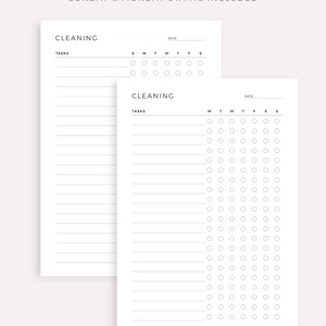 May include: Two printable cleaning checklists with a blank space for the date and a section for tasks. The checklist on the left has a column for each day of the week, starting with Sunday. The checklist on the right has a column for each day of the week, starting with Monday.